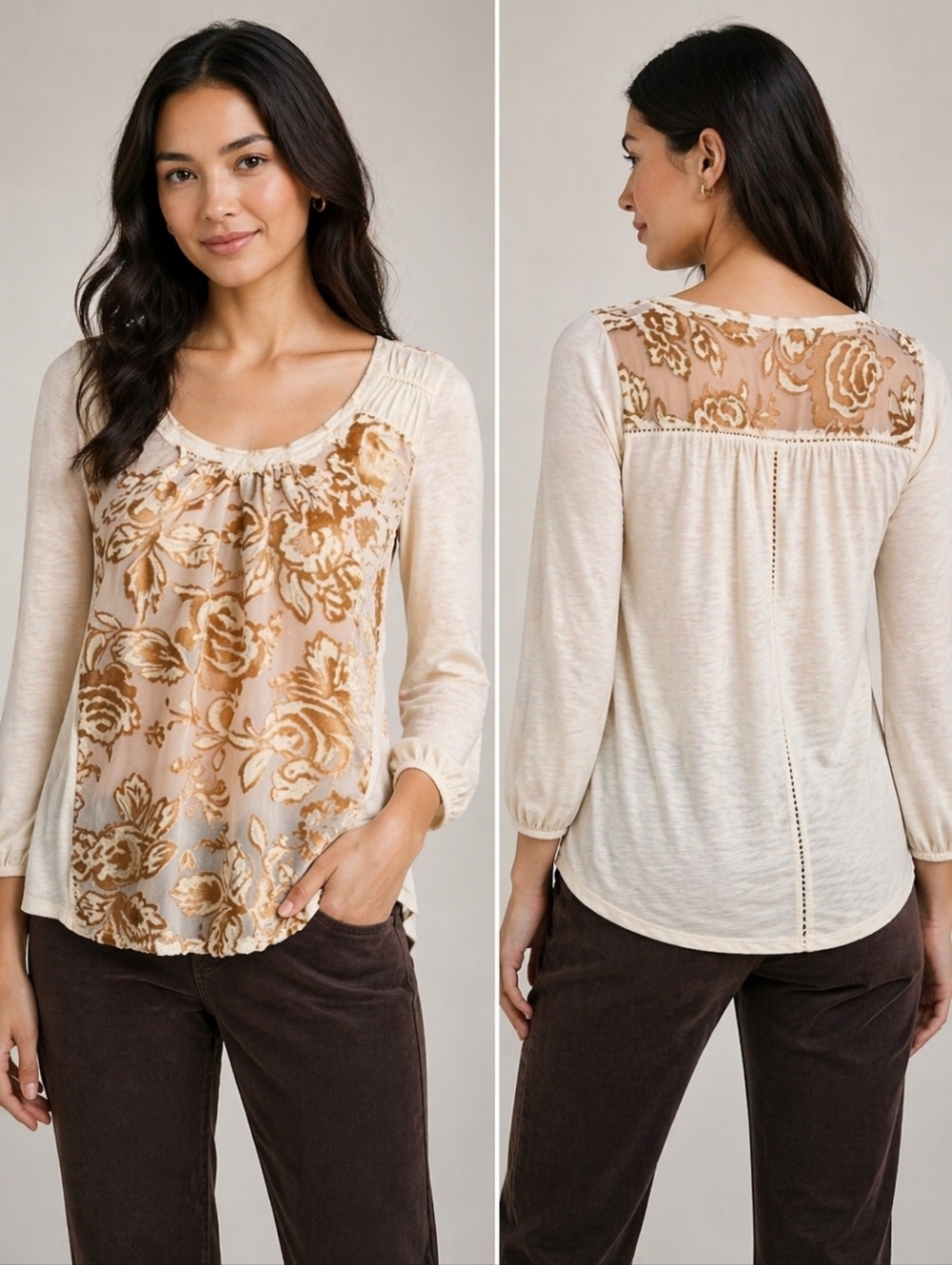 Anthropologie Meadow Rue Ivory Gold Mariana Burnout Velvet Top - Picture 1 of 1
